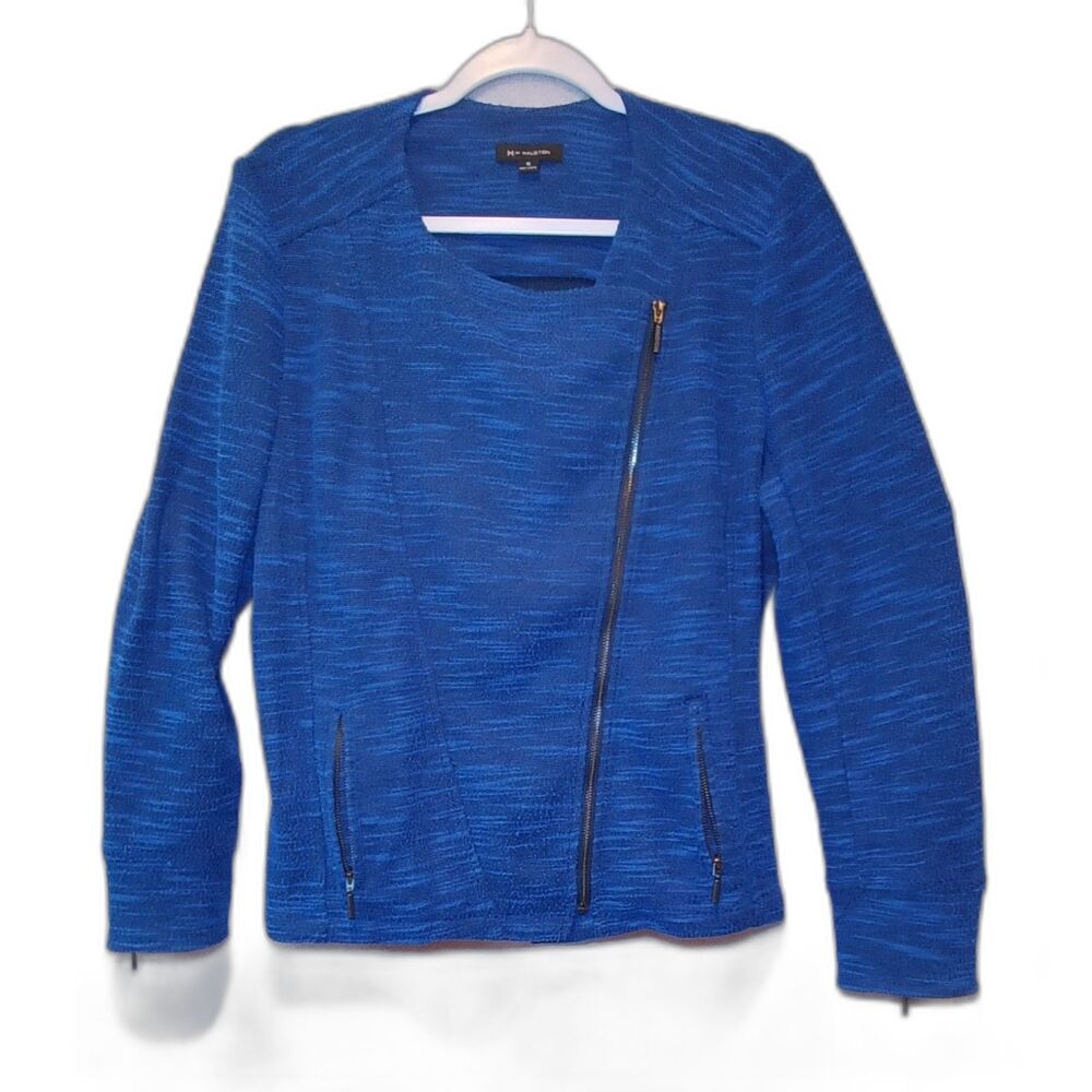 H by Halston Royal Blue Asymmetrical Zip Tweed Jacket Size 16